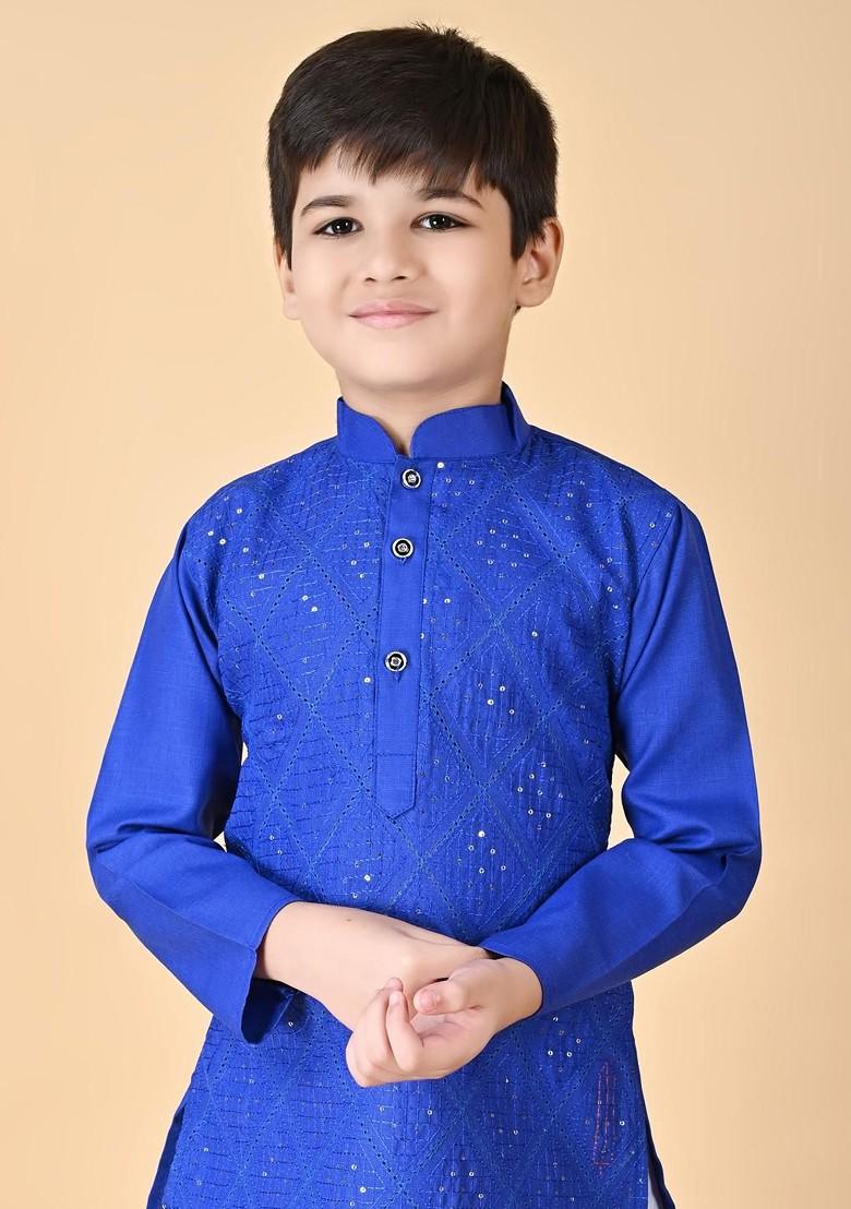 Blue Embroidered Cotton Kurta Set For Boys - Indya