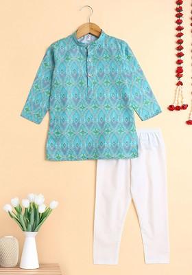Sea Green Printed Cotton Kurta Set For Boys