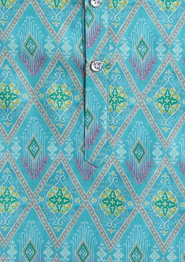 Sea Green Printed Cotton Kurta Set For Boys - Indya