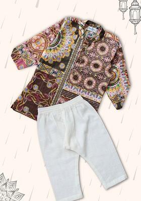 Brown Printed Cotton Kurta Set For Boys