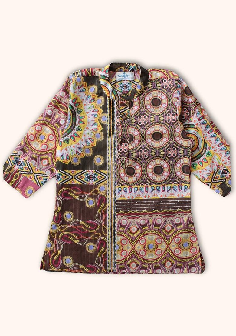 Brown Printed Cotton Kurta Set For Boys - Indya