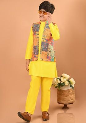 Yellow Printed Blended Kurta Set For Boys