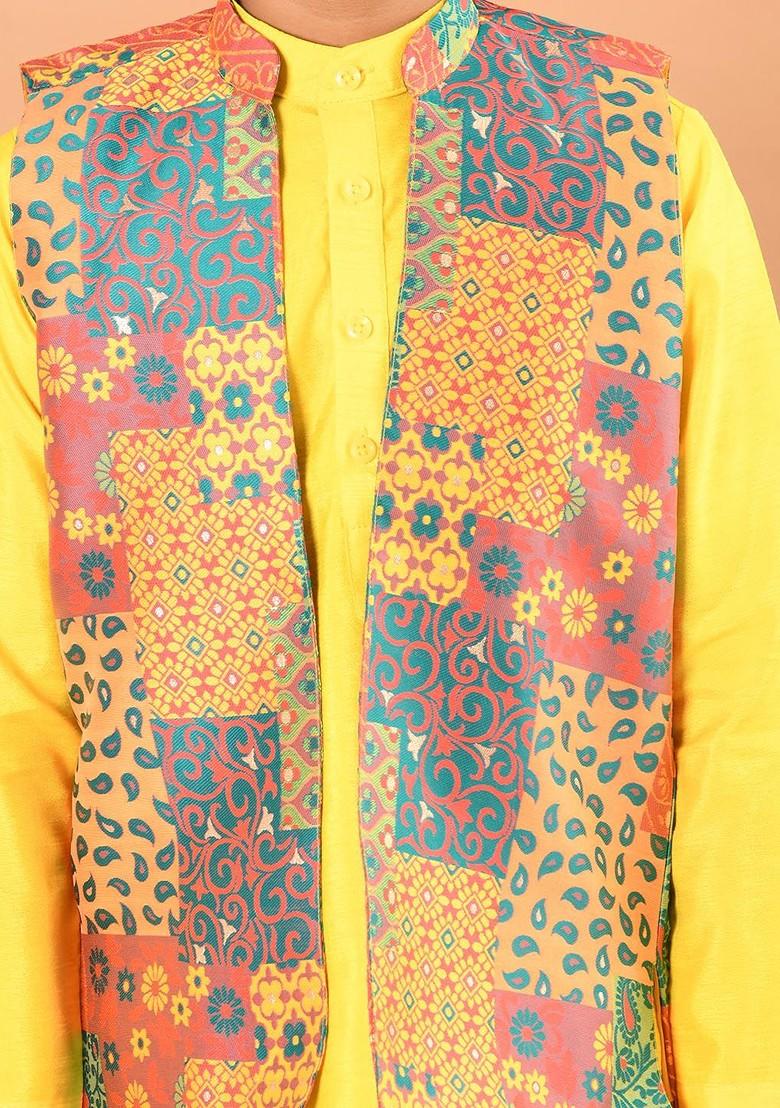 Yellow Printed Blended Kurta Set For Boys - Indya