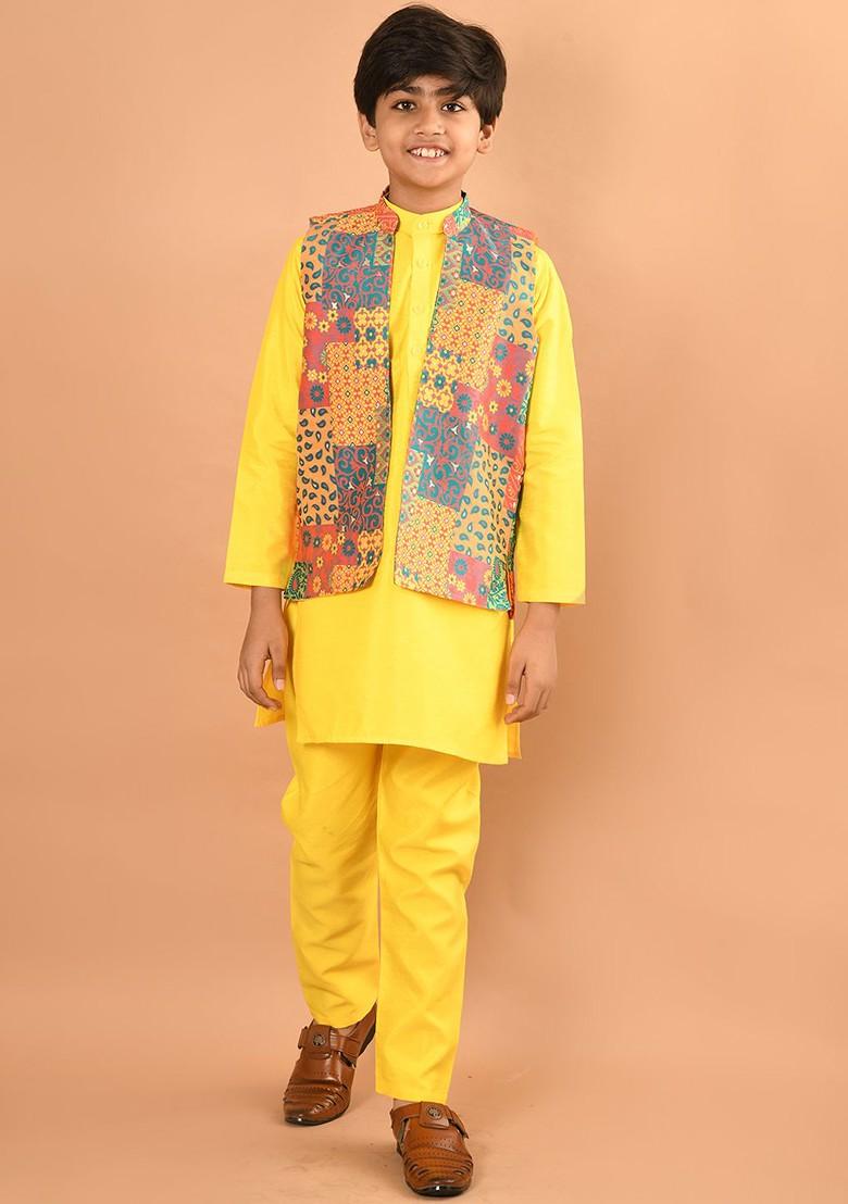 Yellow Printed Blended Kurta Set For Boys - Indya