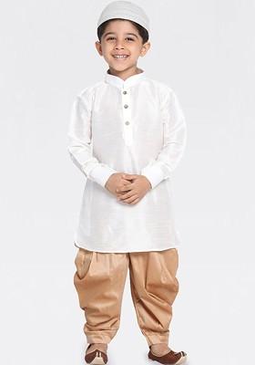 White Embroidered Blended Kurta Dhoti Set For Boys