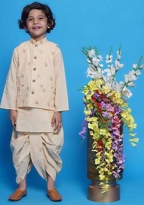 Cream Printed Silk Kurta Dhoti Set For Boys
