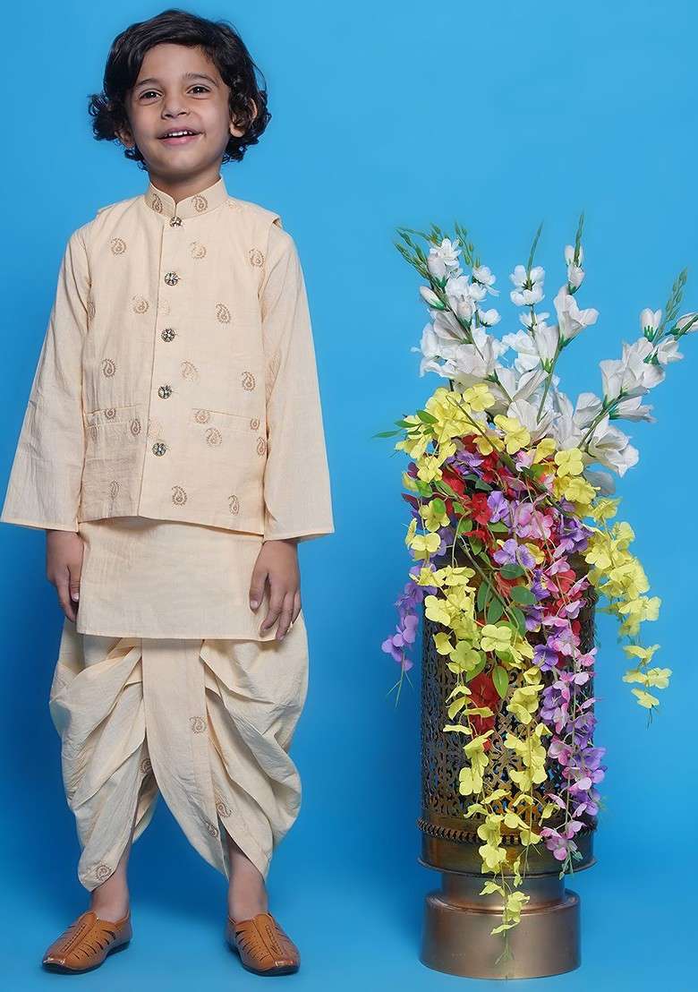 Cream Printed Silk Kurta Dhoti Set For Boys - Indya