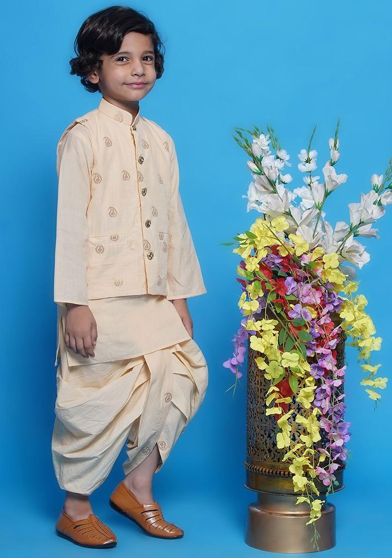 Cream Printed Silk Kurta Dhoti Set For Boys - Indya