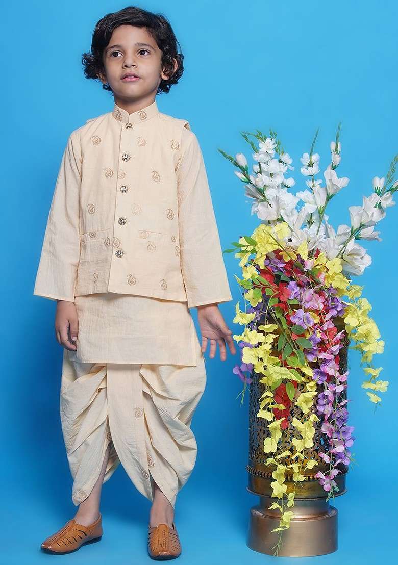 Cream Printed Silk Kurta Dhoti Set For Boys - Indya