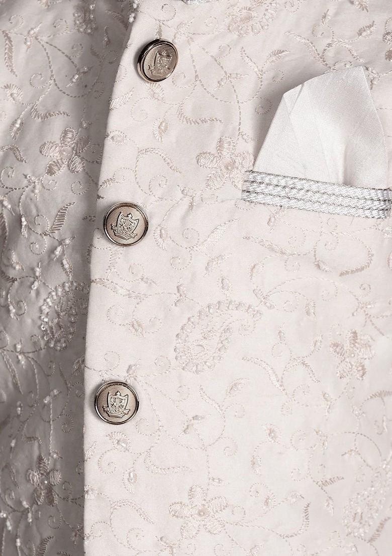 White Embroidered Blended Kurta Set For Boys - Indya