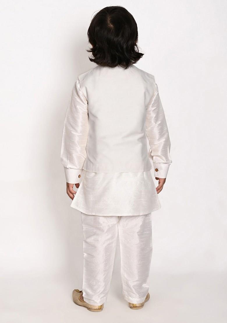 White Embroidered Blended Kurta Set For Boys - Indya