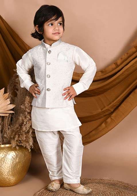 White Embroidered Blended Kurta Set For Boys