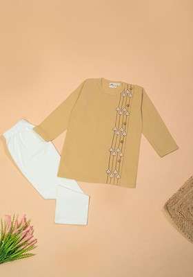 Beige Embroidered Cotton Kurta Set For Boys