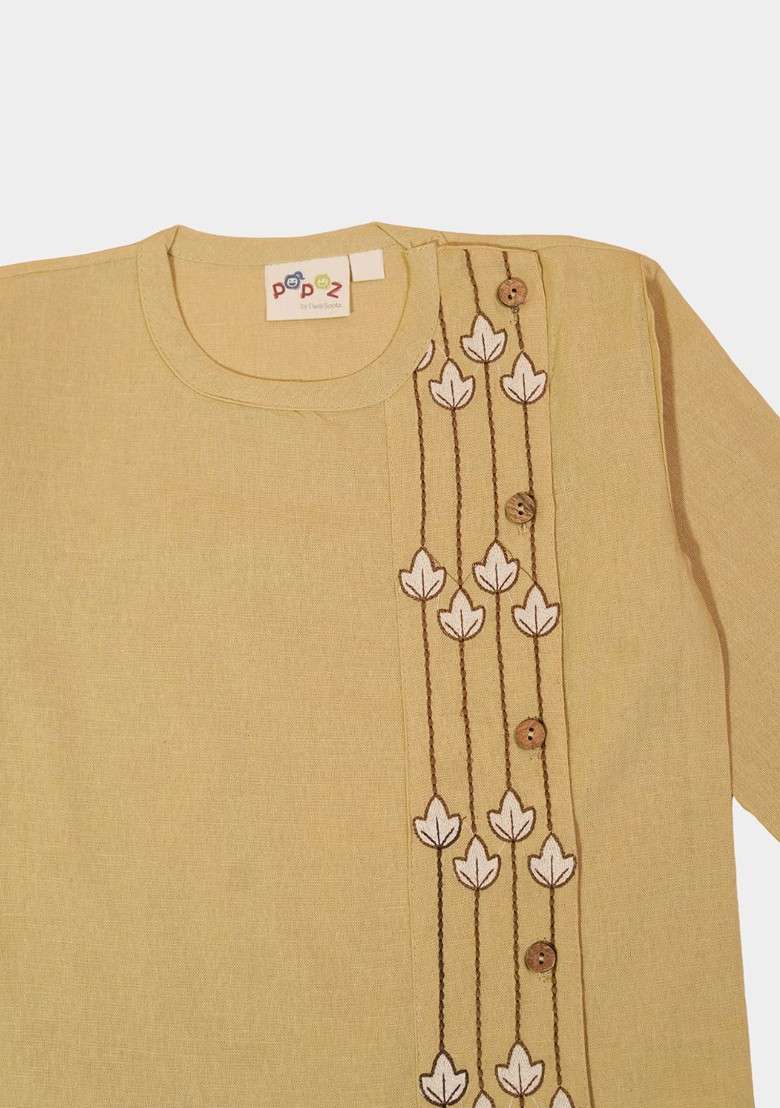 Beige Embroidered Cotton Kurta Set For Boys - Indya