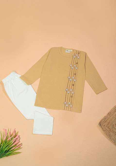 Beige Embroidered Cotton Kurta Set For Boys