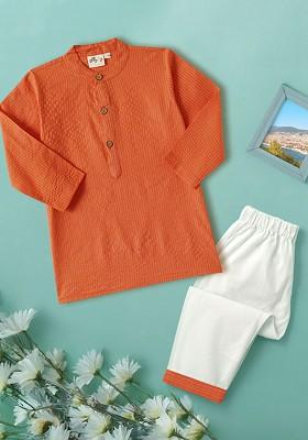 Orange Woven Design Cotton Kurta Set For Boys