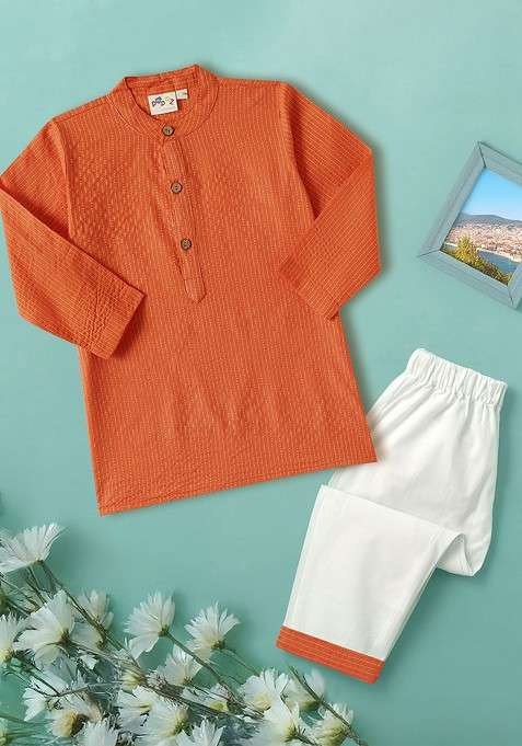 Orange Woven Design Cotton Kurta Set For Boys