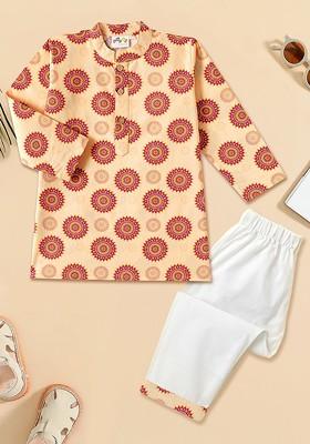 Peach Printed Cotton Kurta Set For Boys
