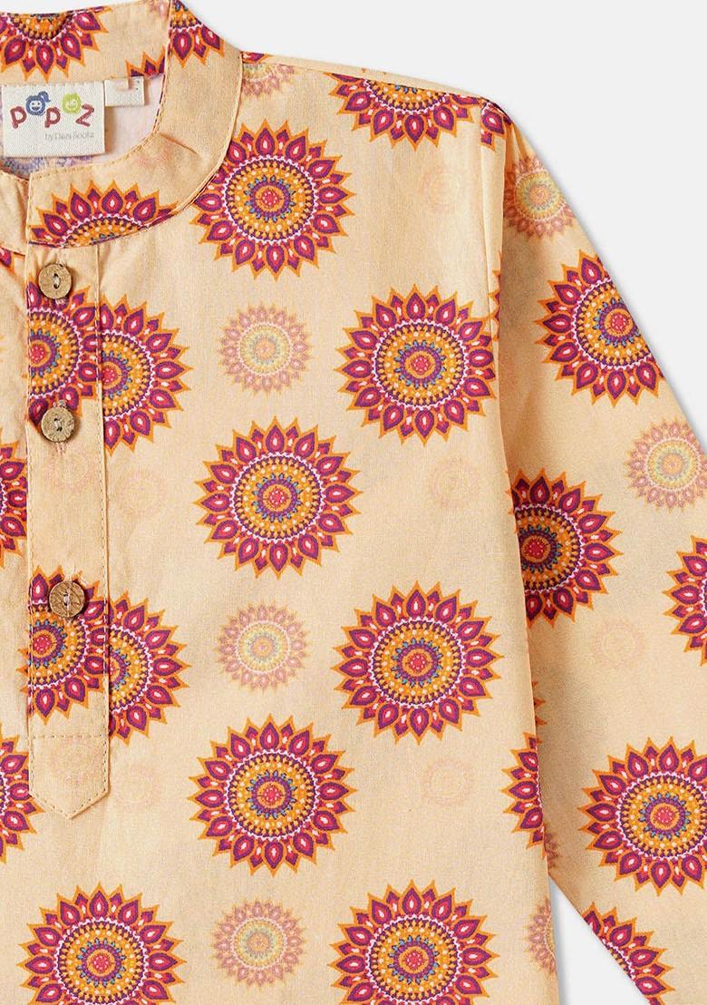 Peach Printed Cotton Kurta Set For Boys - Indya