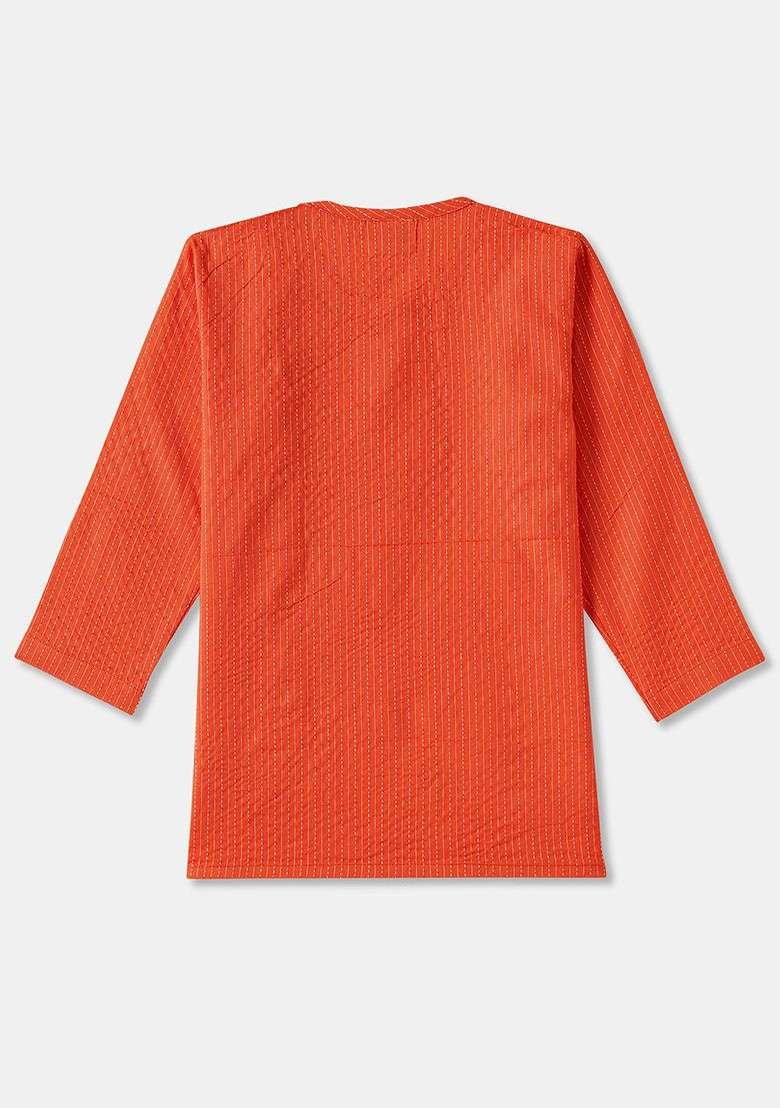 Orange Embroidered Cotton Kurta Set For Boys - Indya