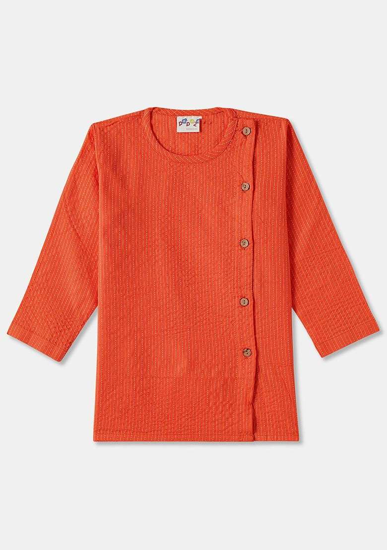 Orange Embroidered Cotton Kurta Set For Boys - Indya