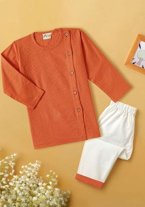 Orange Embroidered Cotton Kurta Set For Boys