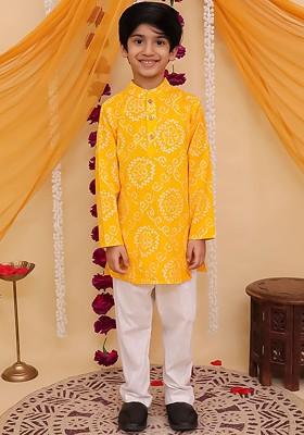 Yellow Printed Cotton Kurta Set For Boys