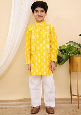 Yellow Printed Cotton Kurta Set For Boys