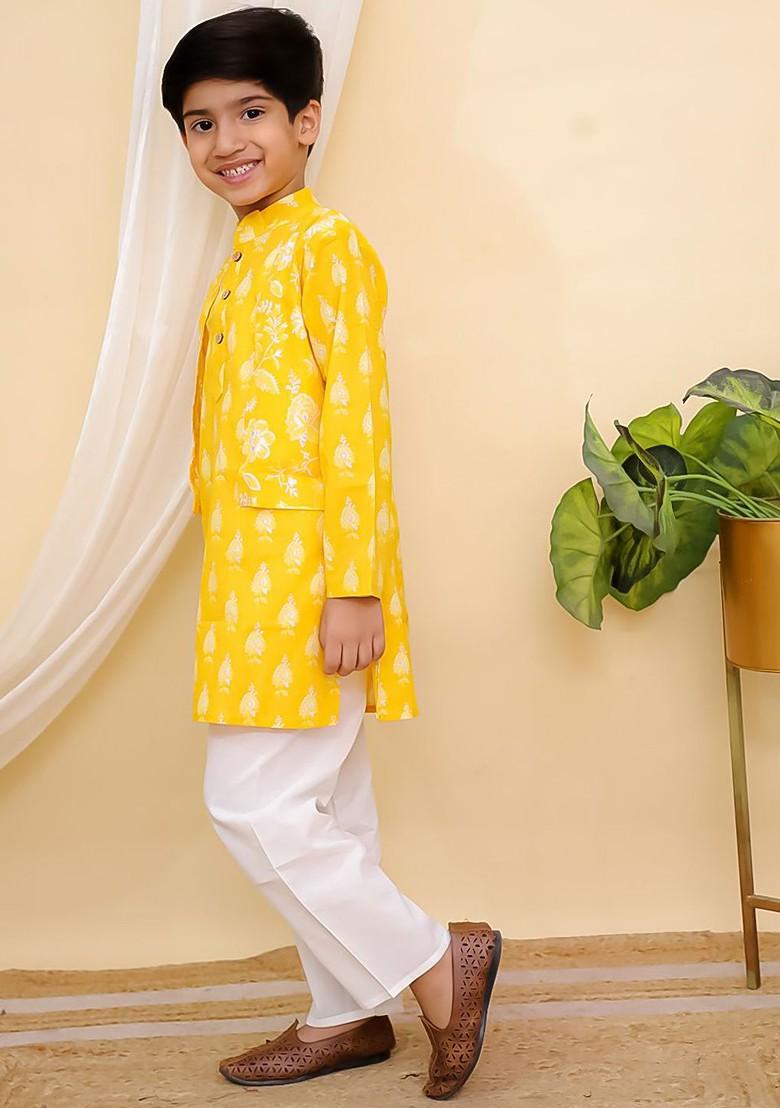 Yellow Printed Cotton Kurta Set For Boys - Indya