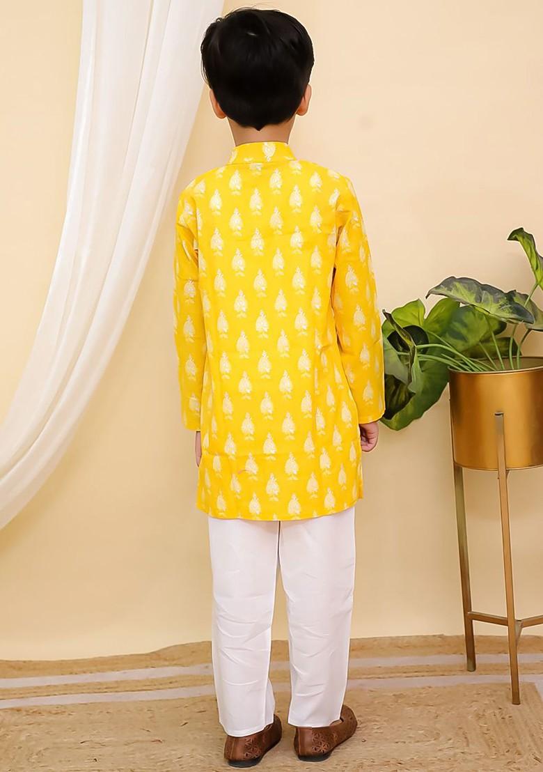 Yellow Printed Cotton Kurta Set For Boys - Indya