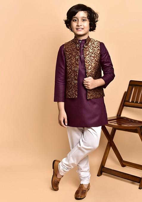 Purple Embroidered Blended Nehru Jacket Set For Boys