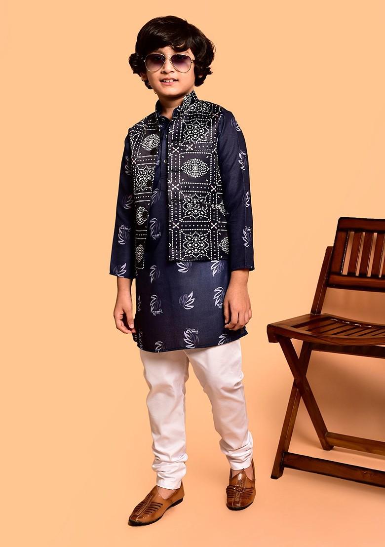 Navy Blue Printed Blended Kurta Set For Boys - Indya