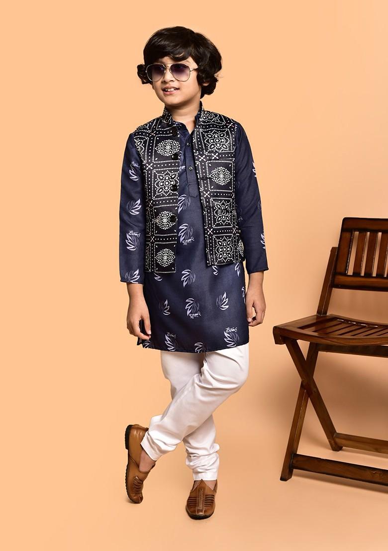 Navy Blue Printed Blended Kurta Set For Boys - Indya