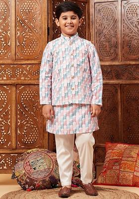 Blue Printed Blended Kurta Set For Boys