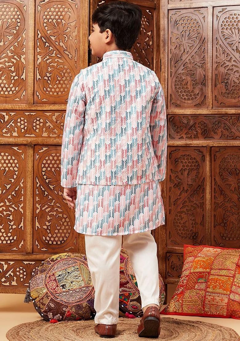 Blue Printed Blended Kurta Set For Boys - Indya