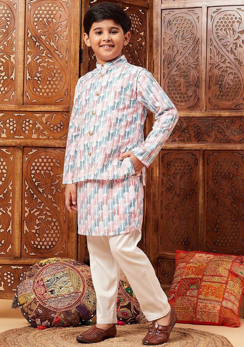 Blue Printed Blended Kurta Set For Boys - Indya