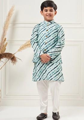 Green Printed Blended Nehru Jacket Set For Boys