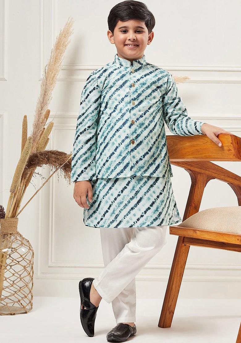 Green Printed Blended Nehru Jacket Set For Boys - Indya