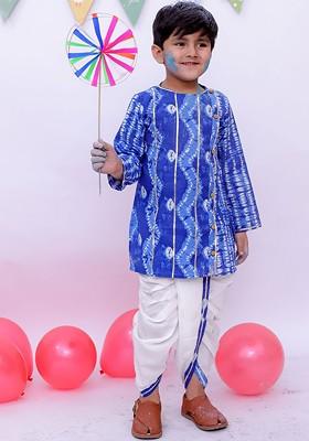 Blue Printed Blended Kurta Dhoti Set For Boys