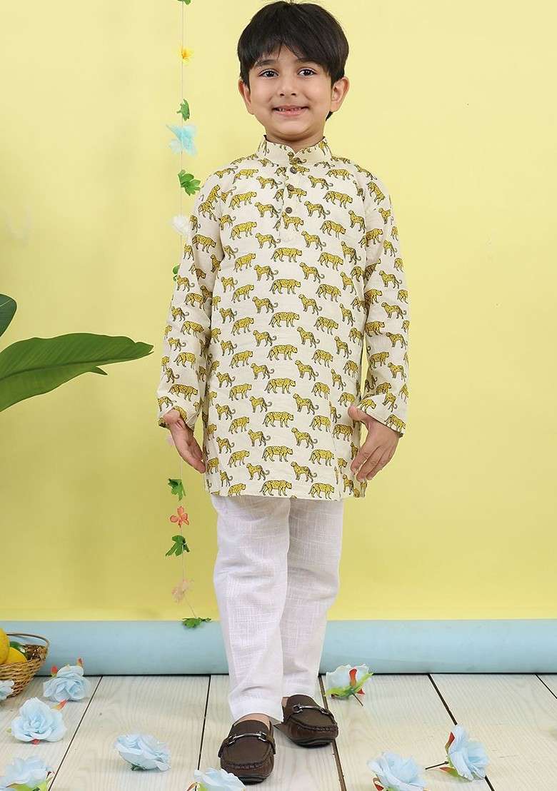 White Printed Cotton Kurta Set For Boys - Indya