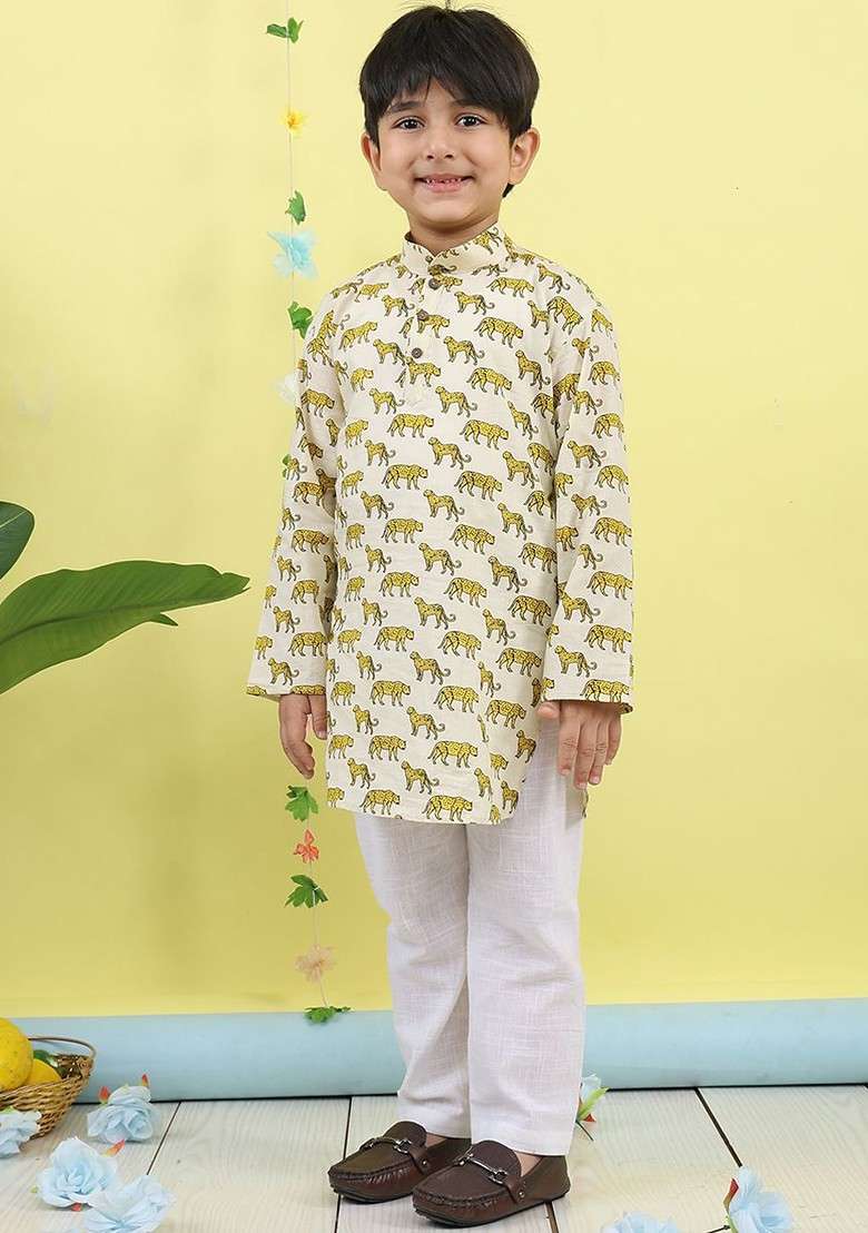 White Printed Cotton Kurta Set For Boys - Indya