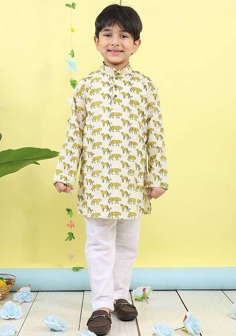 White Printed Cotton Kurta Set For Boys