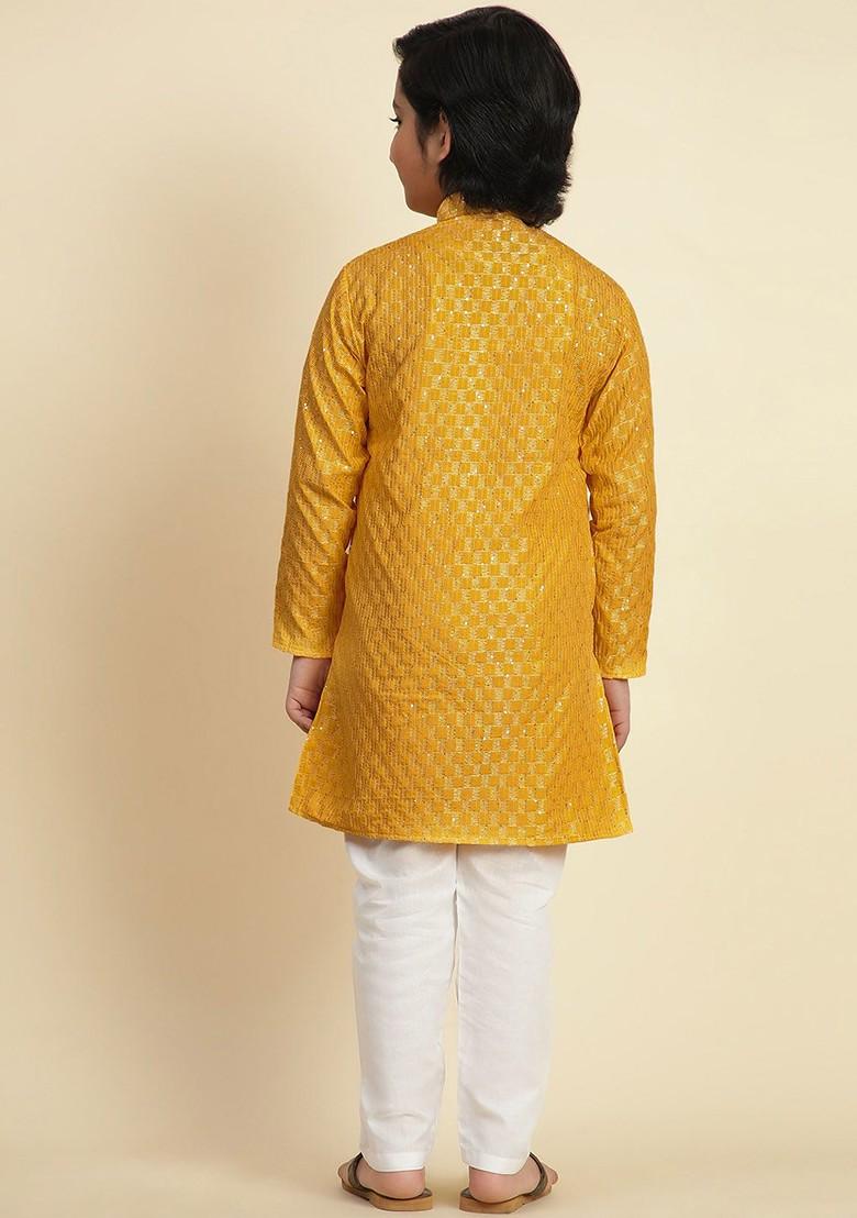 Yellow Embroidered Cotton Kurta Set For Boys - Indya