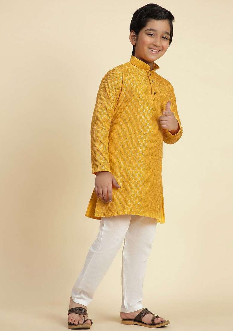 Yellow Embroidered Cotton Kurta Set For Boys - Indya