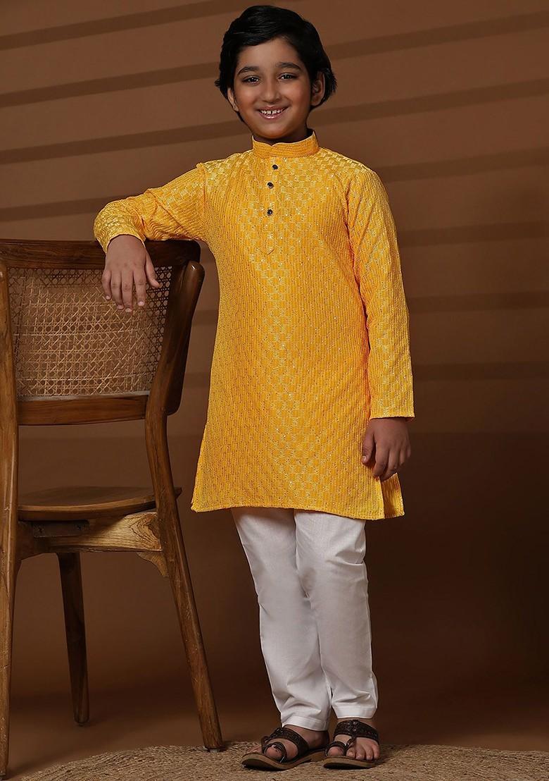 Yellow Embroidered Cotton Kurta Set For Boys - Indya