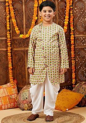 Yellow Printed Blended Kurta Dhoti Set For Boys