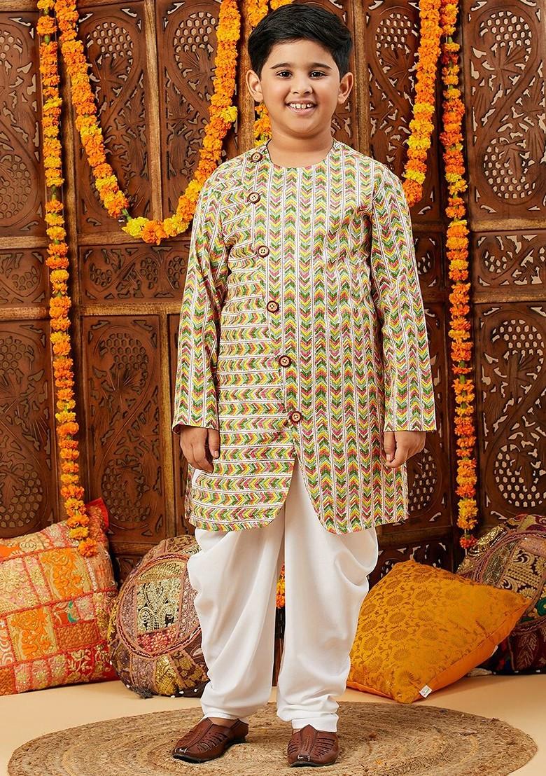 Yellow Printed Blended Kurta Dhoti Set For Boys - Indya