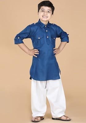 Blue Embroidered Cotton Kurta Set For Boys