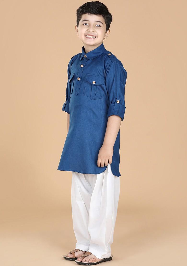 Blue Embroidered Cotton Kurta Set For Boys - Indya