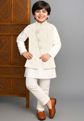 White Embroidered Blended Nehru Jacket Set For Boys